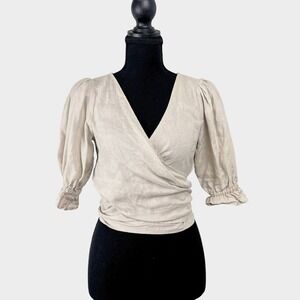 Tahara Womens 100% Linen Wrap Top S/M Beige Puff Sleeve Coastal Prairie Cottage